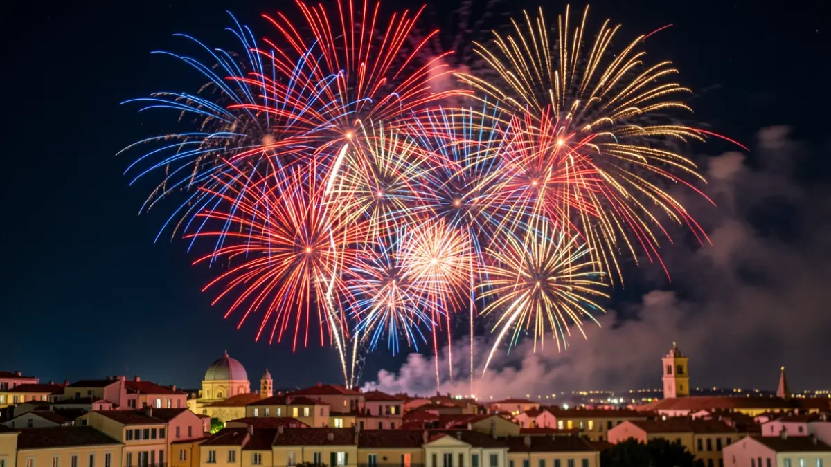 Imagen genérica de una explosión de colores de fuegos artificiales sobre una ciudad mediterránea.