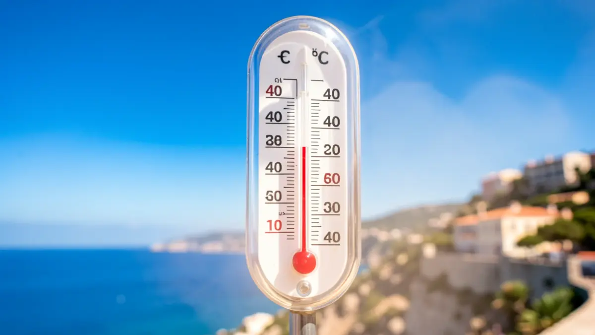 Termómetro marcando más de 40 grados con cielo azul y costa mediterránea al fondo.