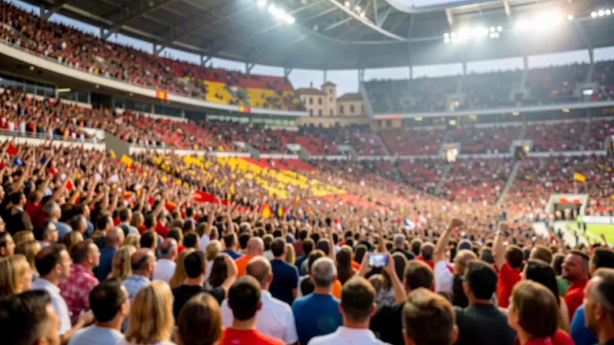 Imagen genérica de aficionados celebrando en un estadio de fútbol durante un partido internacional.