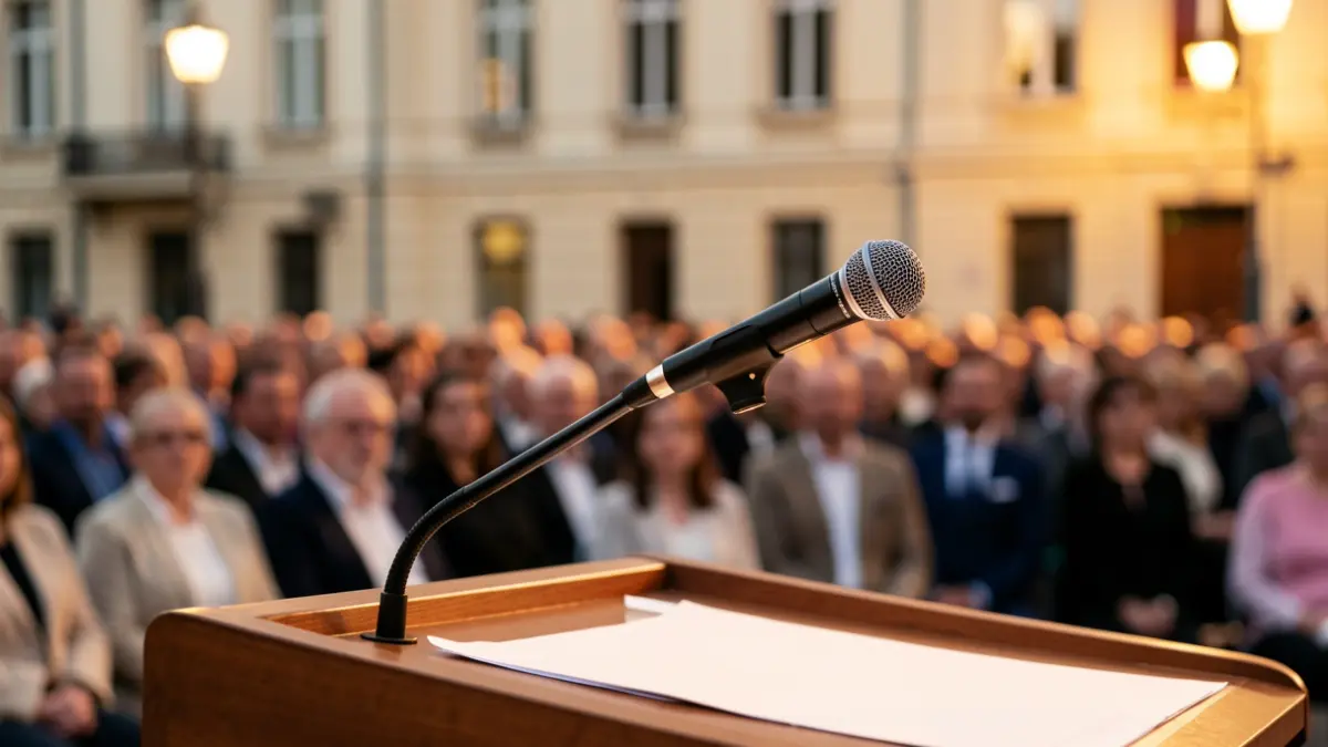 Imatge genèrica d'un faristol amb un micròfon en un acte empresarial.