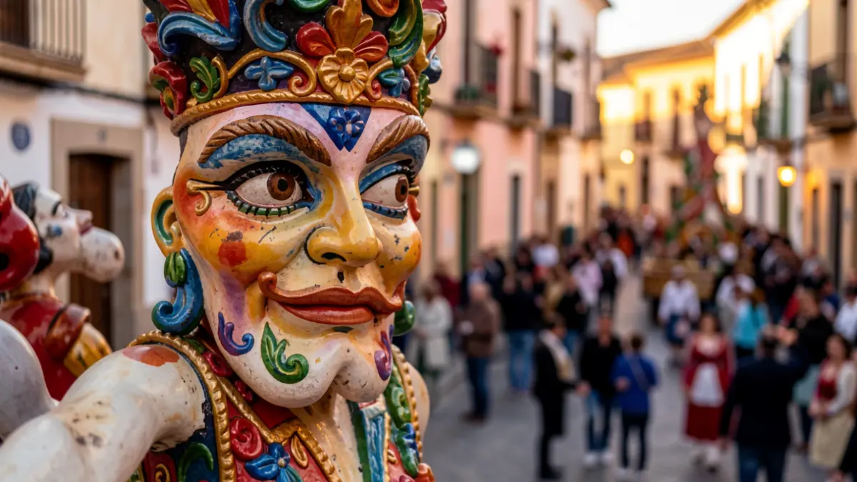 Detail of a Fallas monument with a Mediterranean city background.