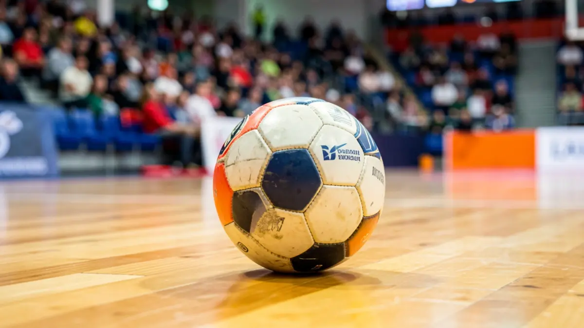 Imagen genérica de un balón de balonmano sobre la pista de un pabellón deportivo.