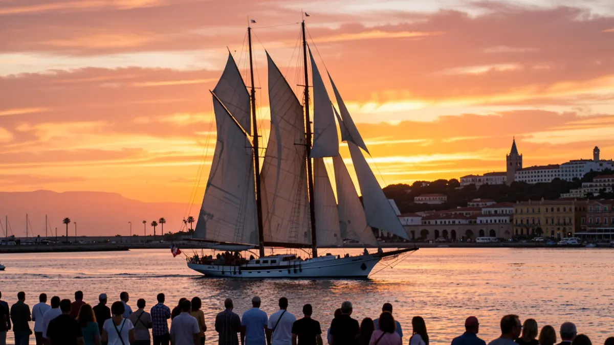 Imagen genérica de un velero con las velas desplegadas frente a la costa de Alicante al atardecer.