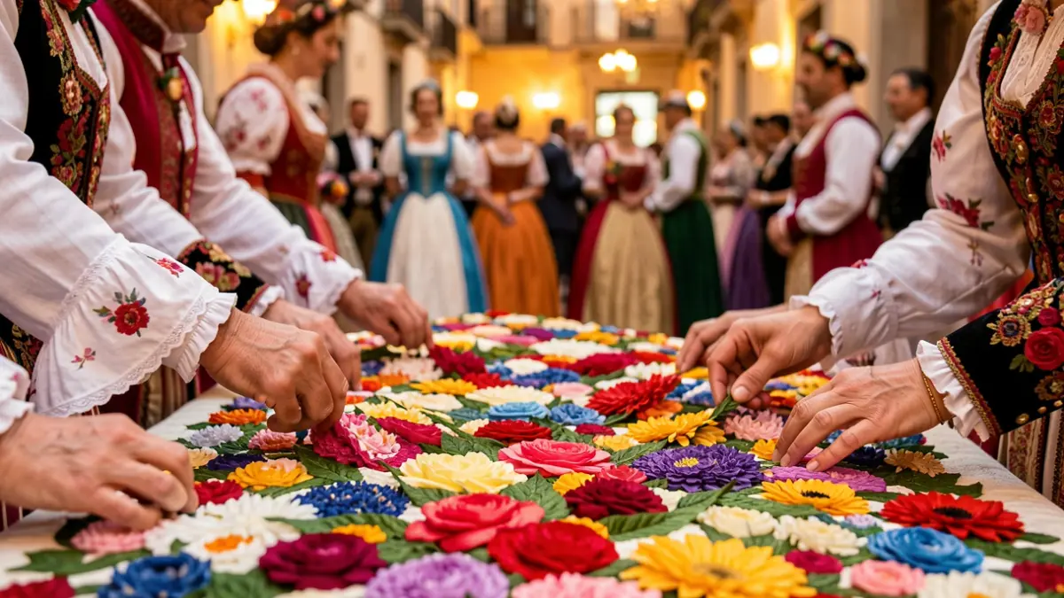 Imagen genérica de la construcción de un tapiz floral durante las Hogueras de Alicante.