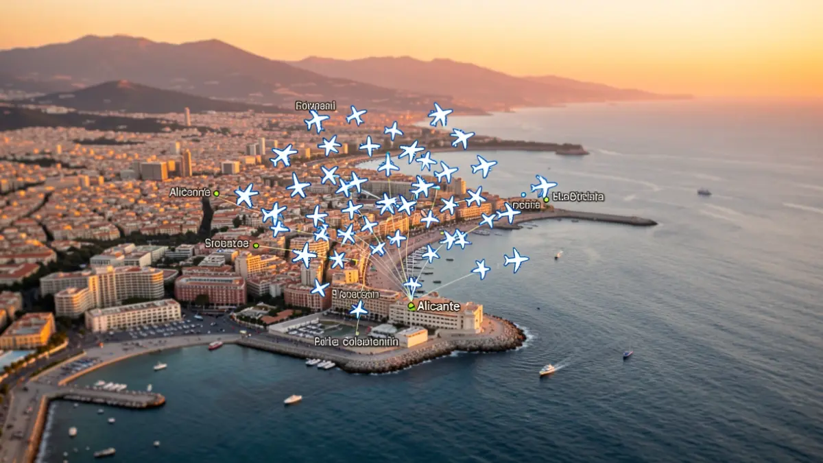 Mapa de trànsit aeri amb nombrosos avions dirigint-se cap a Alacant.