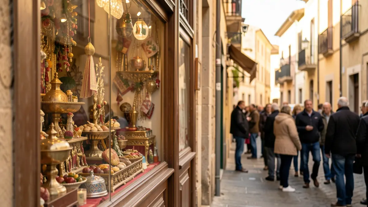 Imatge d'un aparador decorat amb motius tradicionals de les Fogueres en un carrer d'Alacant.