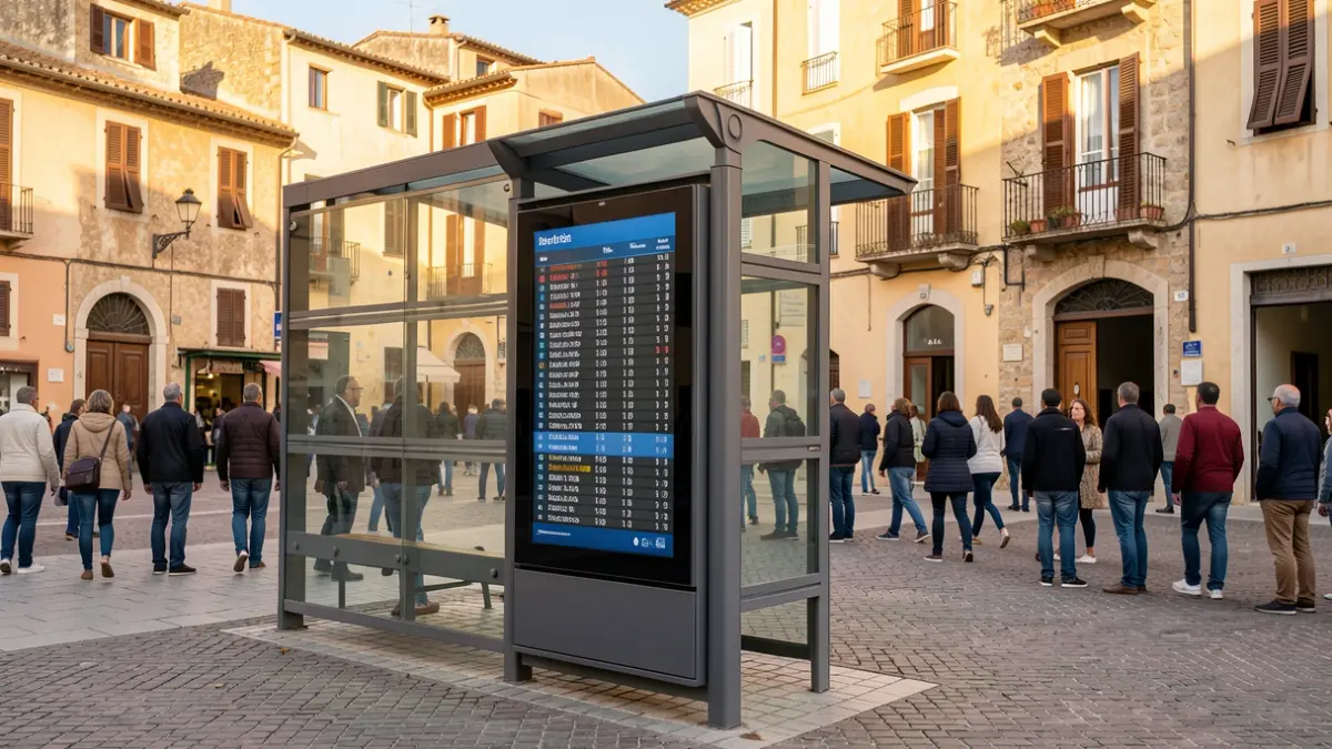 Generic image of a modern bus stop in a Mediterranean setting.