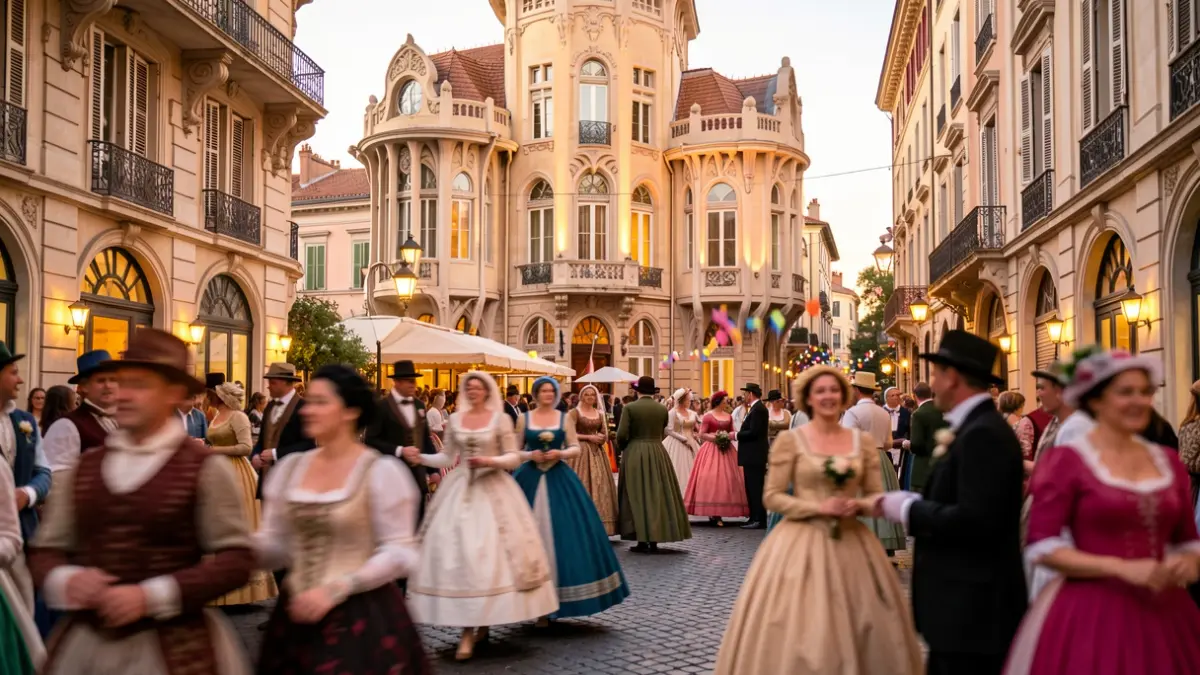 Imatge genèrica d'una celebració del Modernisme amb arquitectura i vestimenta d'època.