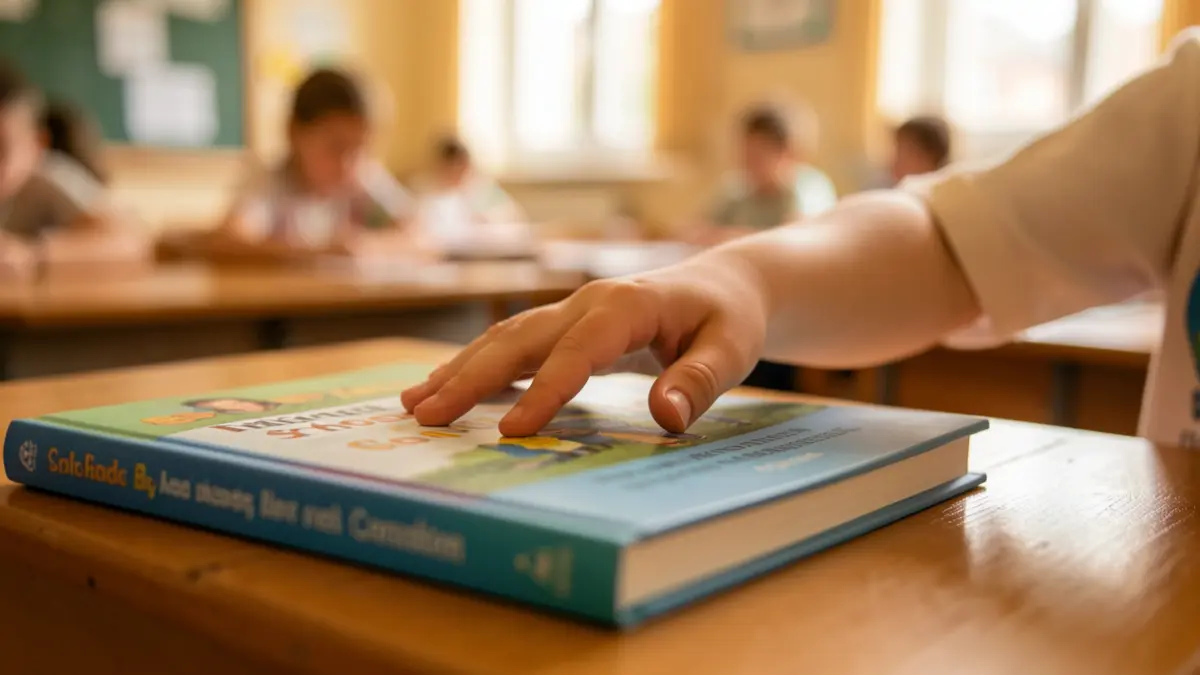 Generic image of a school book and a child's hand.