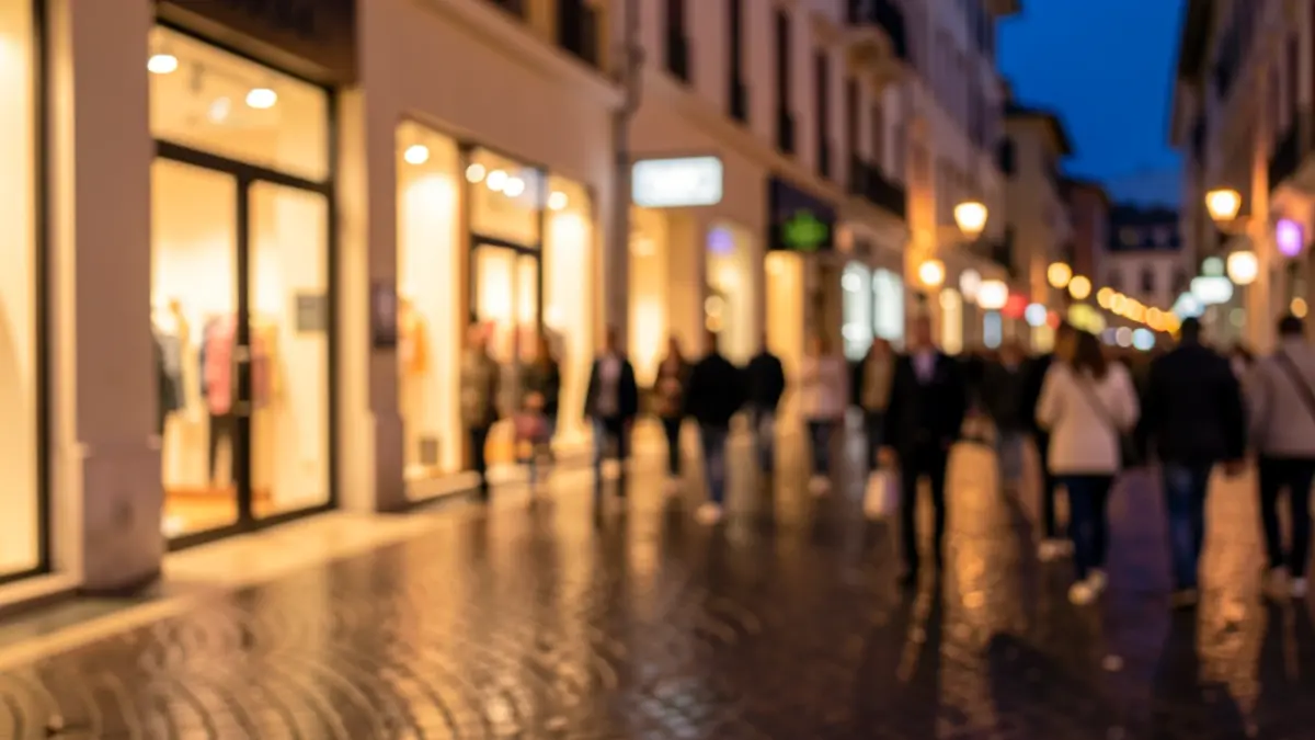 Generic image of a shopping center with night lights.