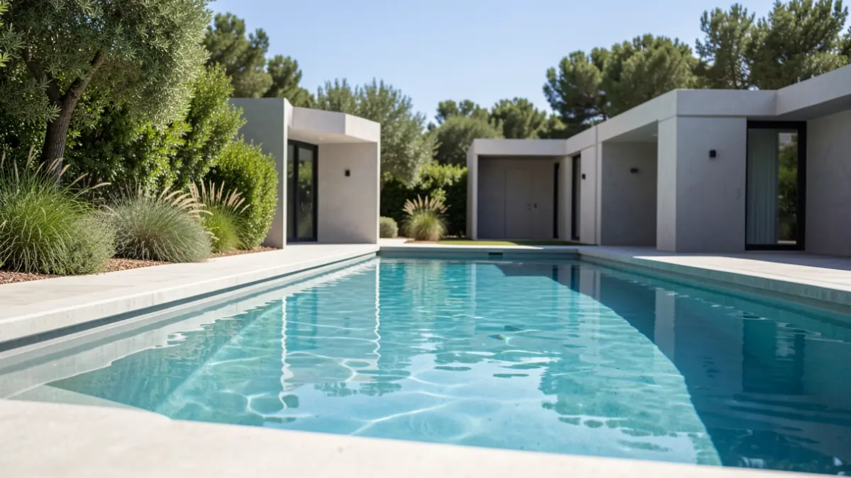Imagen genérica de una piscina moderna con edificios de servicio integrados en el paisaje.