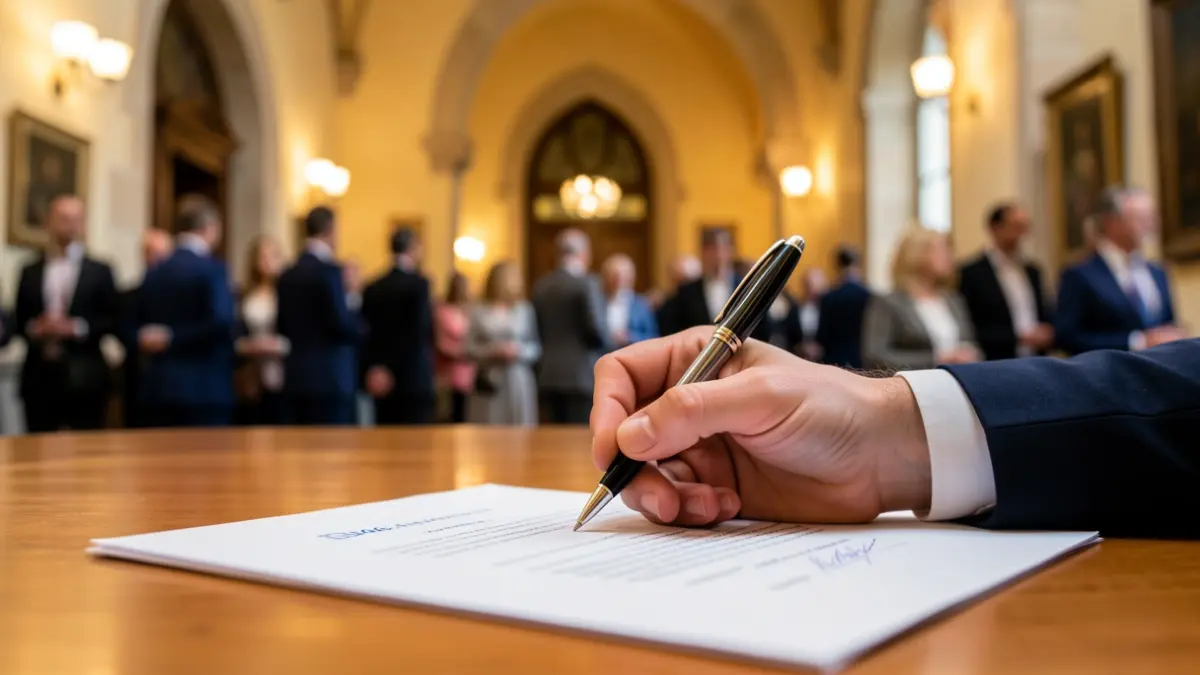 Imagen genérica de una mano firmando un documento oficial en un entorno institucional.