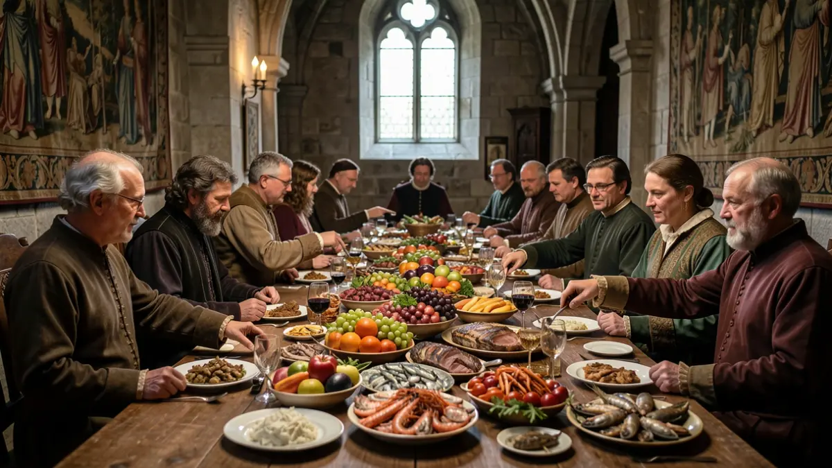 Imatge d'un banquet medieval amb diversos aliments i convidats.