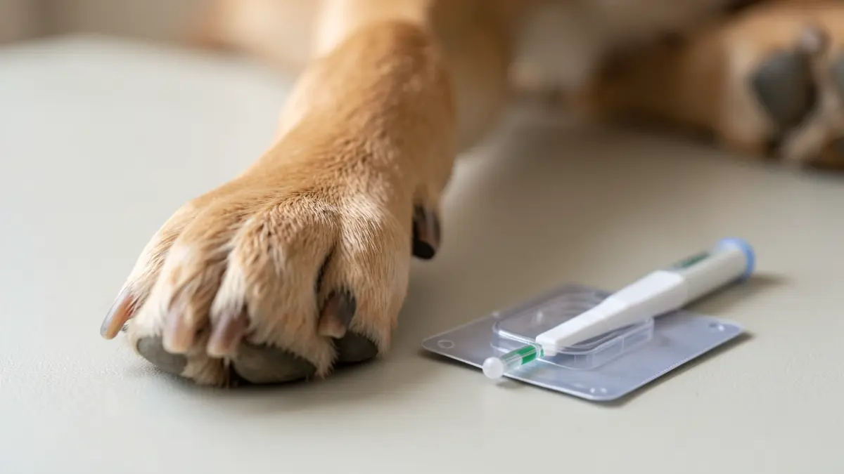 Imagen genérica de un kit de toma de muestras de ADN canino junto a la pata de un perro.