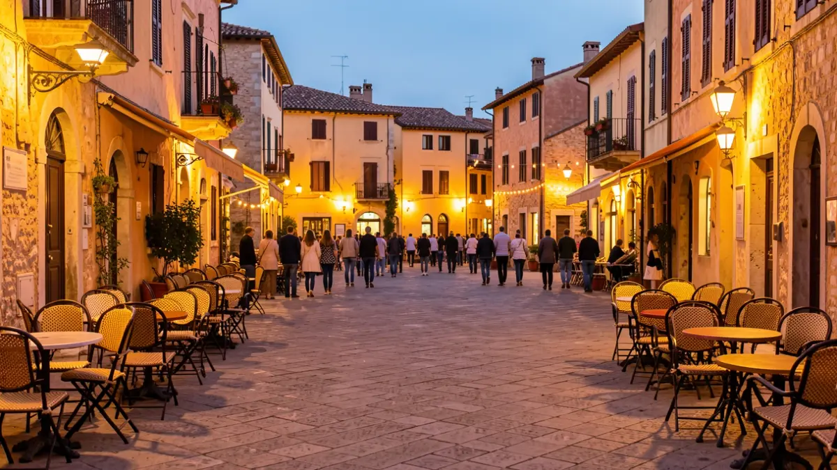 Imagen genérica de una plaza de pueblo mediterráneo iluminada al atardecer.