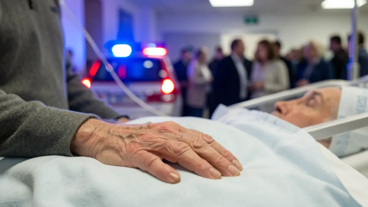 Imatge genèrica d'una mà d'home gran sobre un llençol d'hospital amb llums d'emergència al fons.