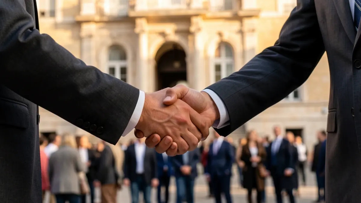 Generic image of two people shaking hands in front of an official building.