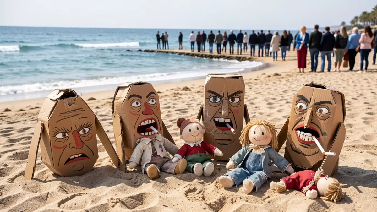 Imagen genérica de figuras artísticas hechas con materiales reciclados en una playa.