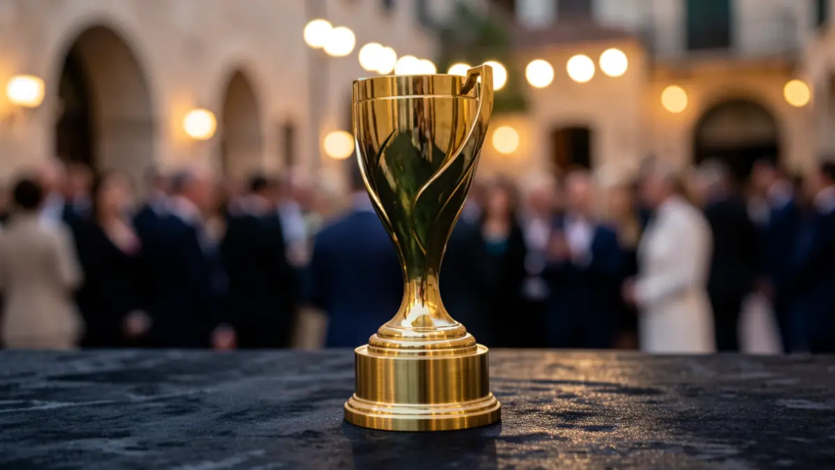 Generic export award, with blurred Mediterranean architectural details.