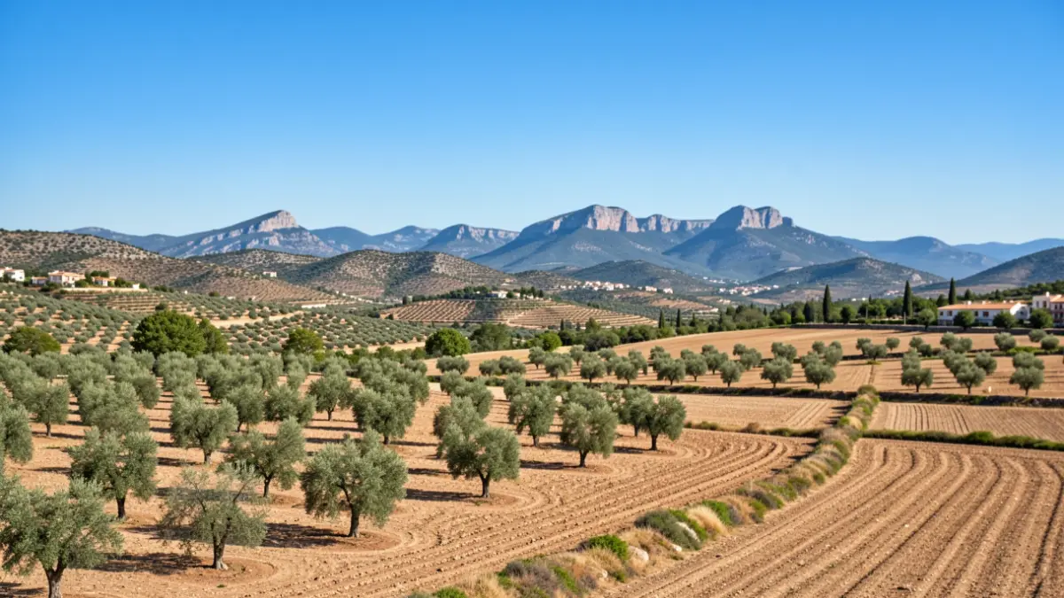 Generic image of the Sierra Escalona landscape, featuring almond fields and protected natural areas.
