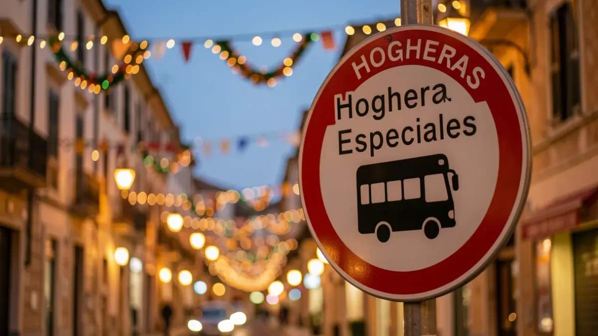 Imatge genèrica d'un senyal d'autobús especial per a les festes de les Hogueres en una ciutat mediterrània.