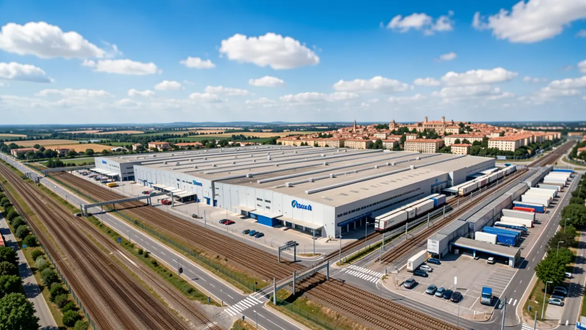 Generic image of an intermodal logistics terminal with train tracks and roads.