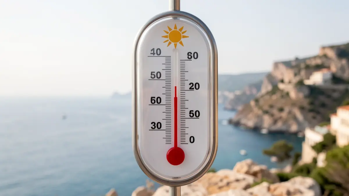 Imatge genèrica d'un termòmetre marcant alta temperatura amb un sol, davant d'una costa mediterrània.