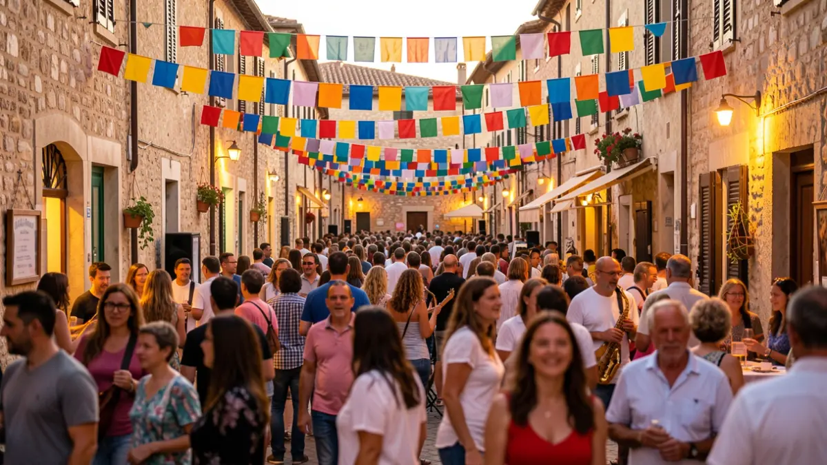 Imatge genèrica d'un carrer animat durant una festa popular amb música i gent.
