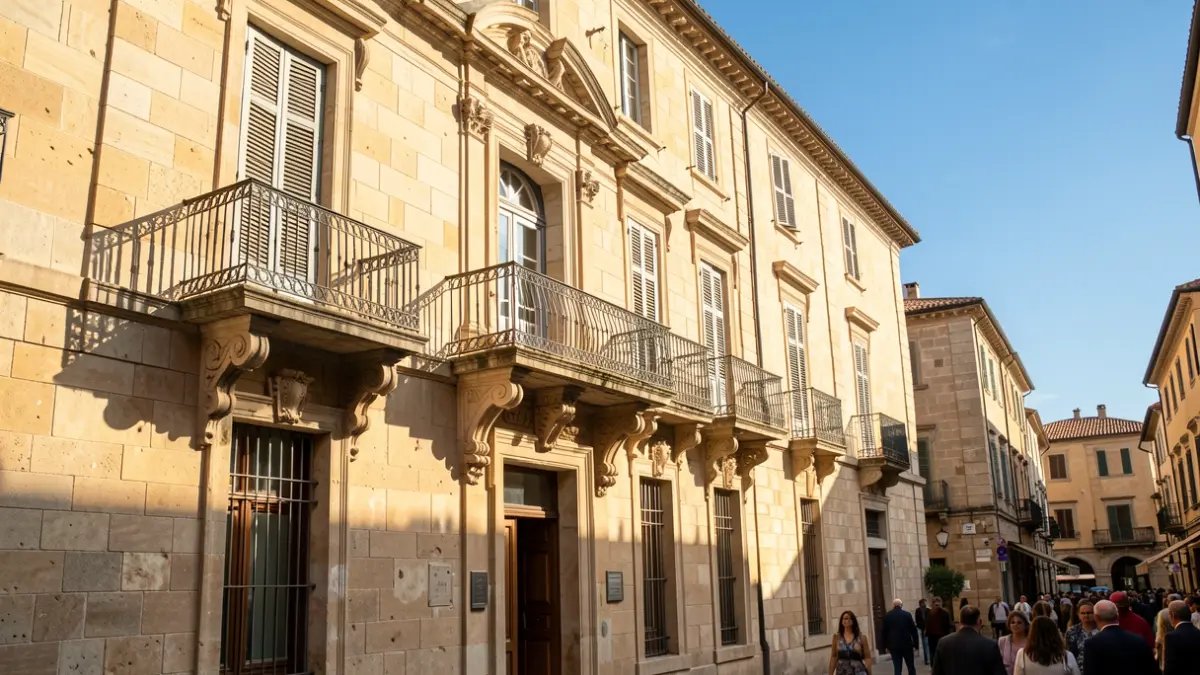 Imagen genérica de la fachada de un ayuntamiento mediterráneo con balcón y barandillas de hierro, luz de tarde.