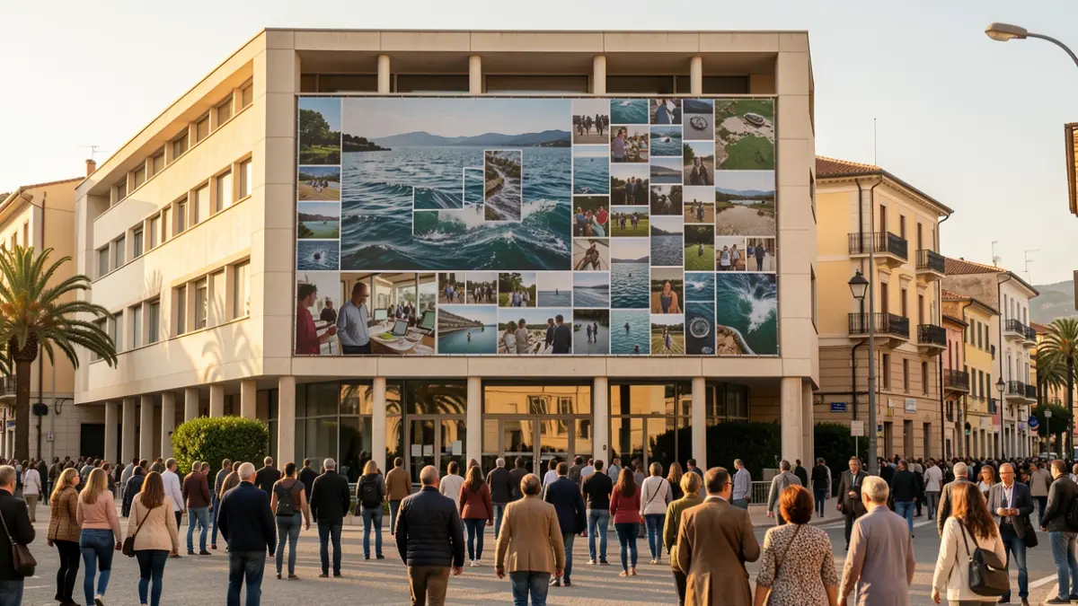 Imatge genèrica d'un gran collage fotogràfic sobre la riuada, col·locat en una façana d'edifici municipal.