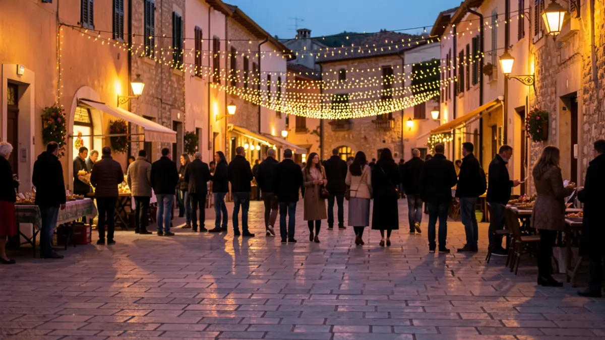 Imatge genèrica d'una plaça de poble mediterrani il·luminada per a una festa.