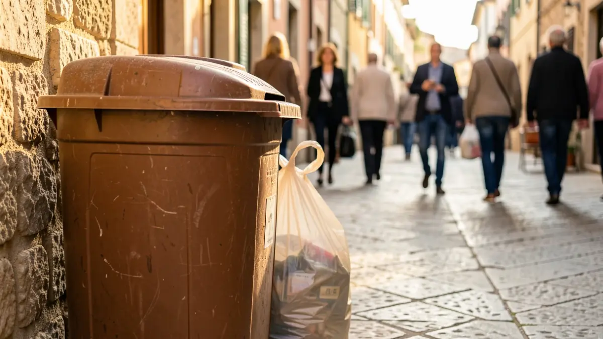 Imatge genèrica d'un cub de residus orgànics marró amb una bossa biodegradable al costat.