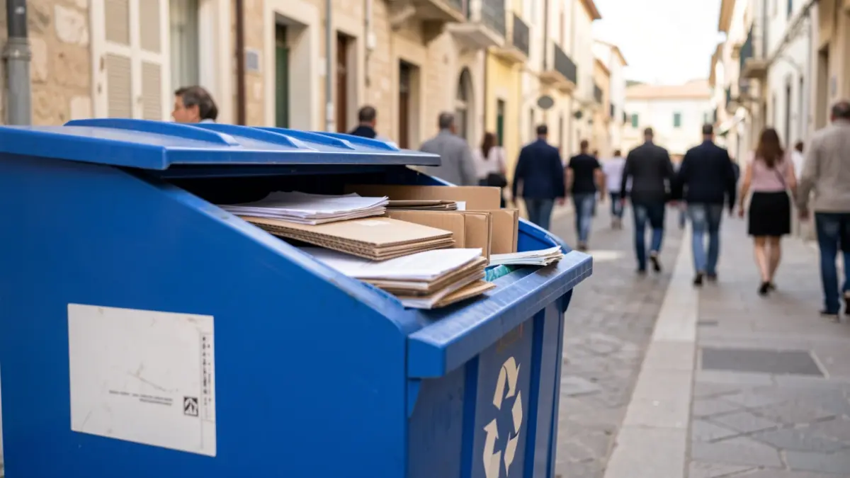 Generic image of a blue paper and cardboard recycling bin in an urban setting.