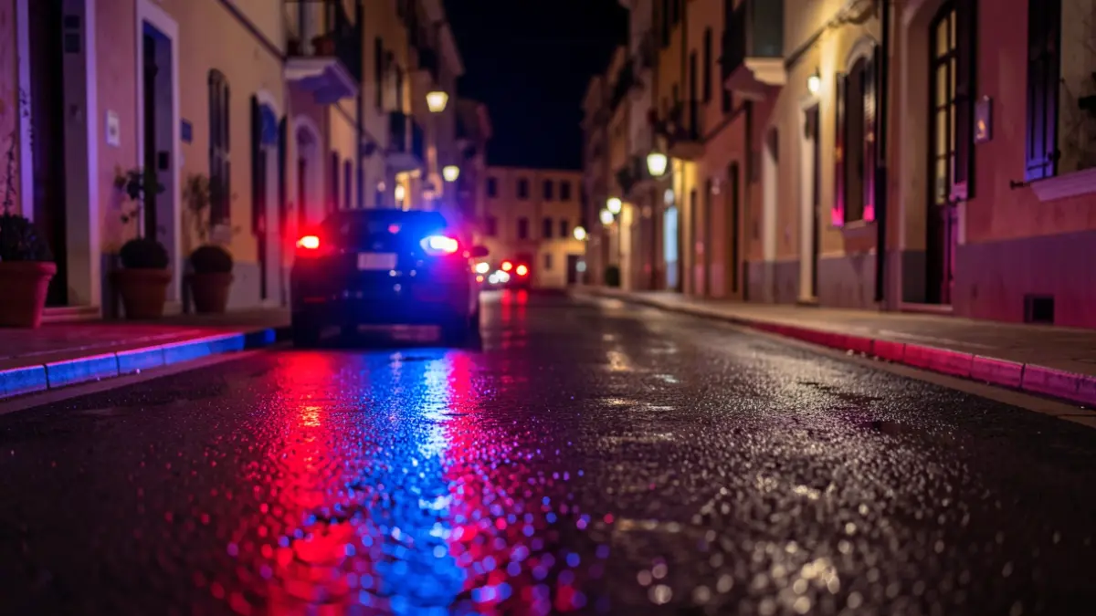 Imagen genérica de luces de emergencia reflejándose en asfalto mojado por la noche.