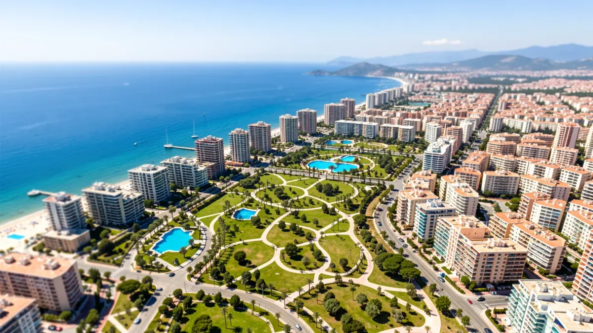 Vista aèria de Benidorm, destacant la seua planificació urbana sostenible i espais verds.