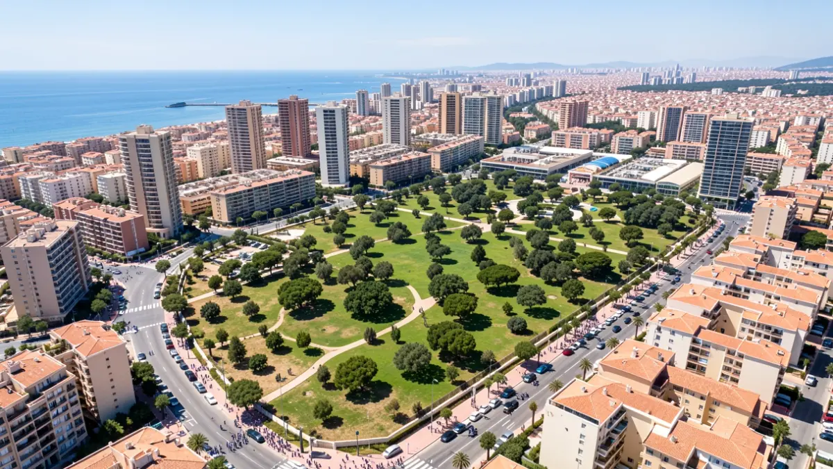 Vista aérea de un nuevo sector de urbanización en Benidorm con zonas verdes y edificios de altura.