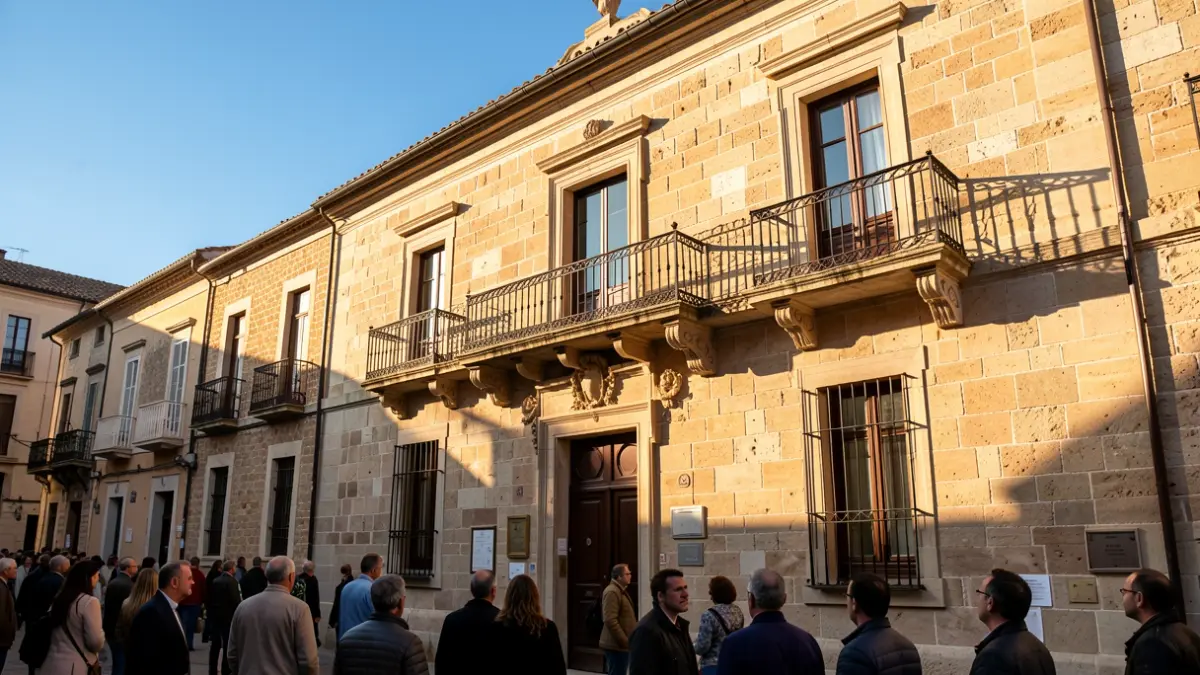 Imagen genérica de la fachada de un ayuntamiento mediterráneo con balcón y barandillas de hierro, iluminado por la luz cálida de la tarde.