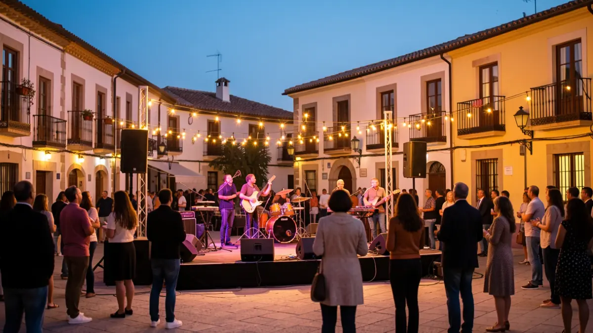 Generic image of an outdoor stage in a Mediterranean square at dusk.
