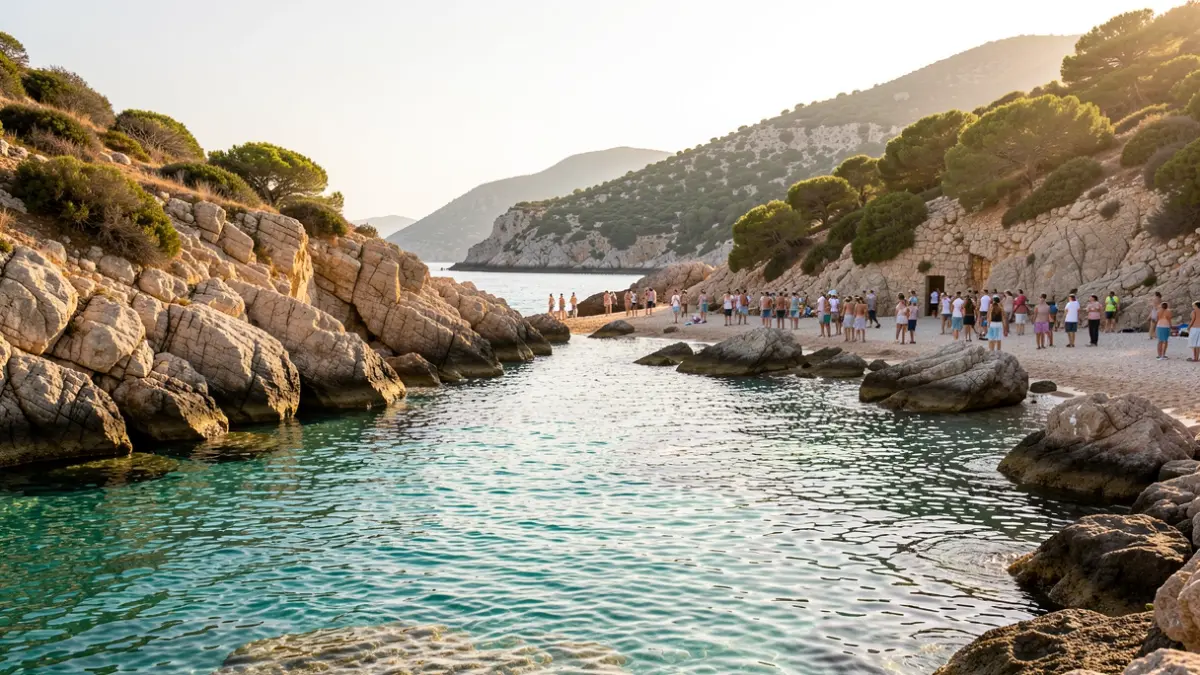 Imatge genèrica d'una cala mediterrània amb aigua turquesa i roques, banyada per la llum càlida de la vesprada.