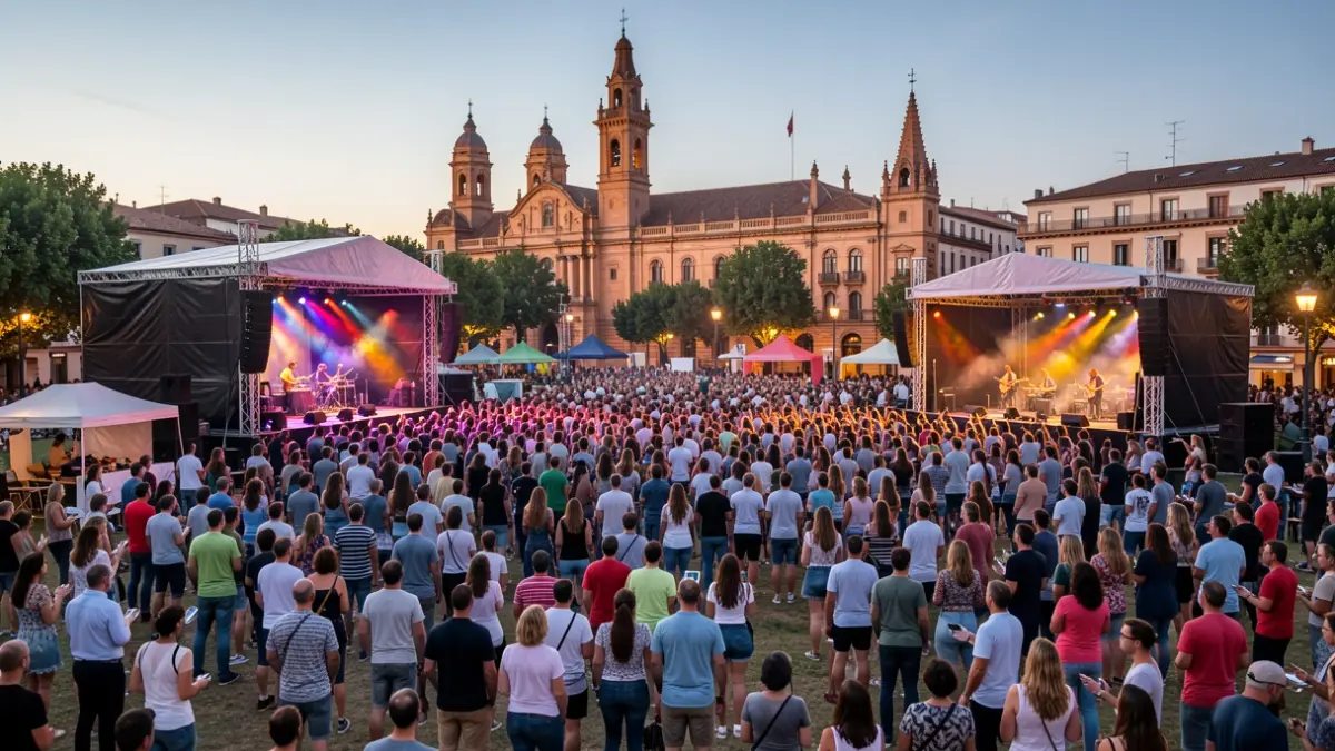Imatge genèrica d'un festival de música a l'aire lliure amb escenaris il·luminats i públic.