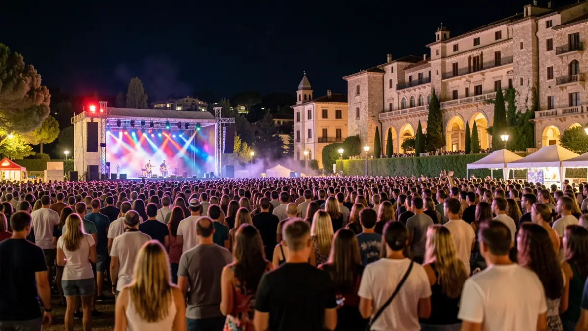 Imagen genérica de un festival de música al aire libre por la noche, con luces de escenario y público borrosos.