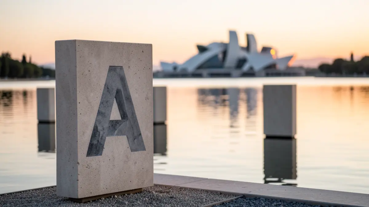 Instalación artística contemporánea con piedras marcadoras junto a un lago al atardecer.