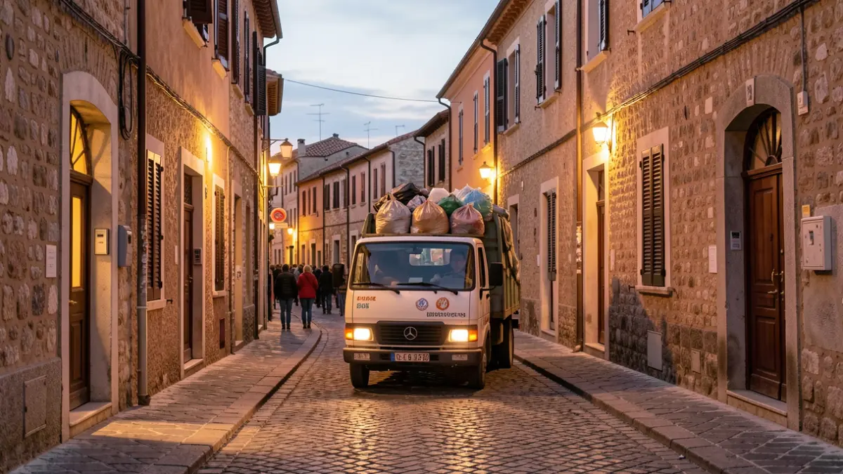 Generic image of a narrow, cobblestone street in a historic old town with a bulky waste collection truck.