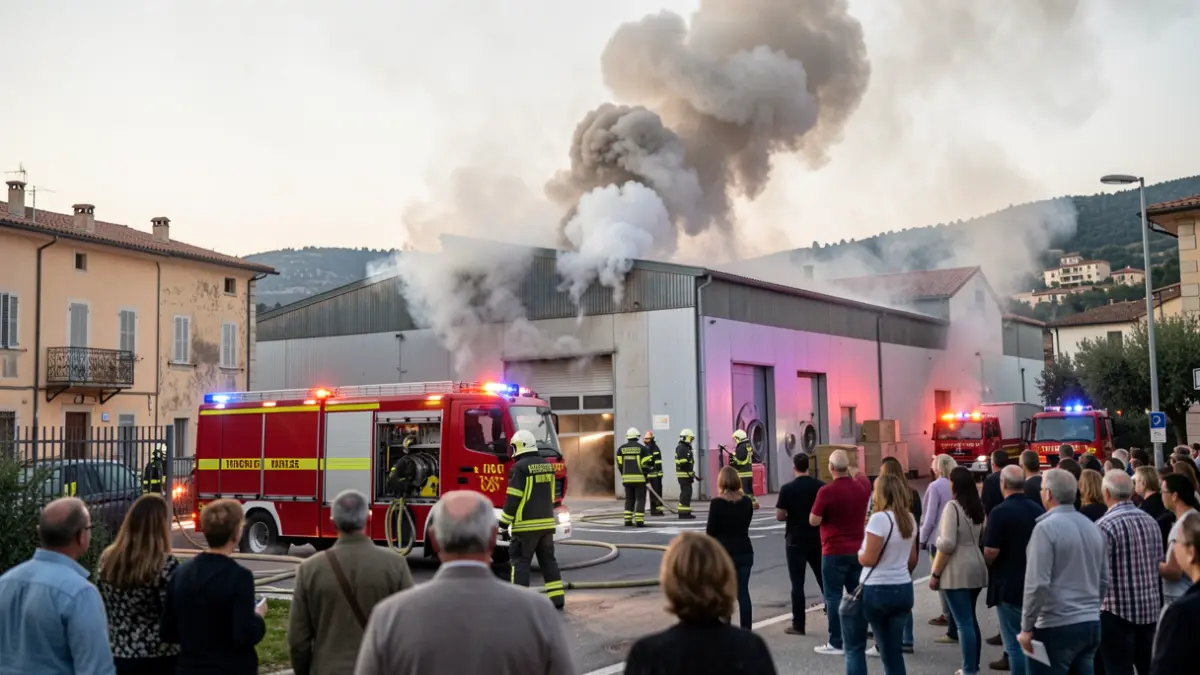 Imatge genèrica d'un incendi en una nau industrial amb bombers treballant.