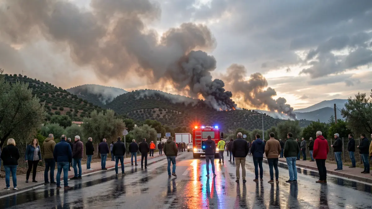 Generic image of a vegetation fire with smoke and emergency lights.