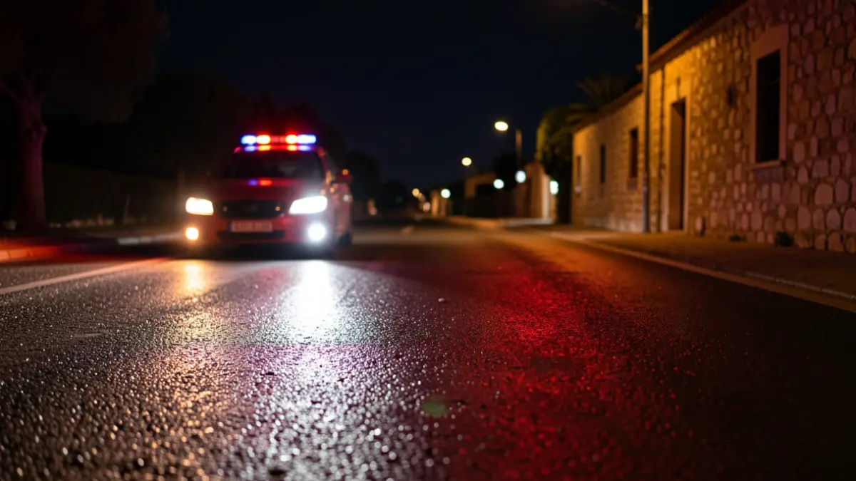 Generic image of emergency lights on wet asphalt at night.