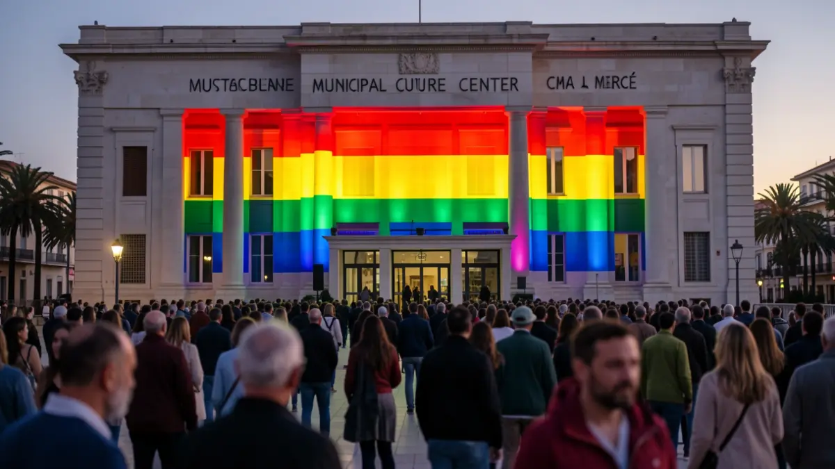 Generic image of the facade of the Municipal Culture Center La Mercé in Borriana illuminated with the colors of the LGTBI flag.