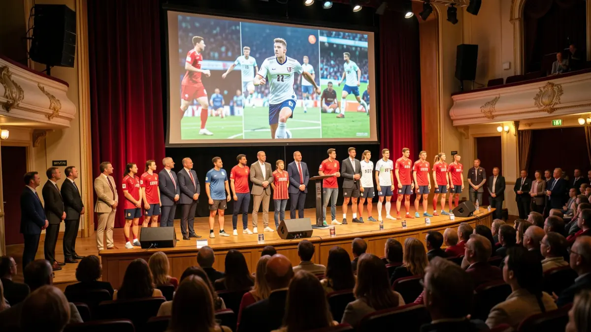 Imagen genérica de una gala deportiva con asistentes y pantalla de fondo.