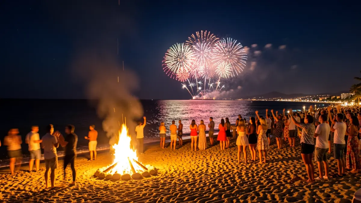 Generic image of the San Juan Night celebration on the beach with fireworks.