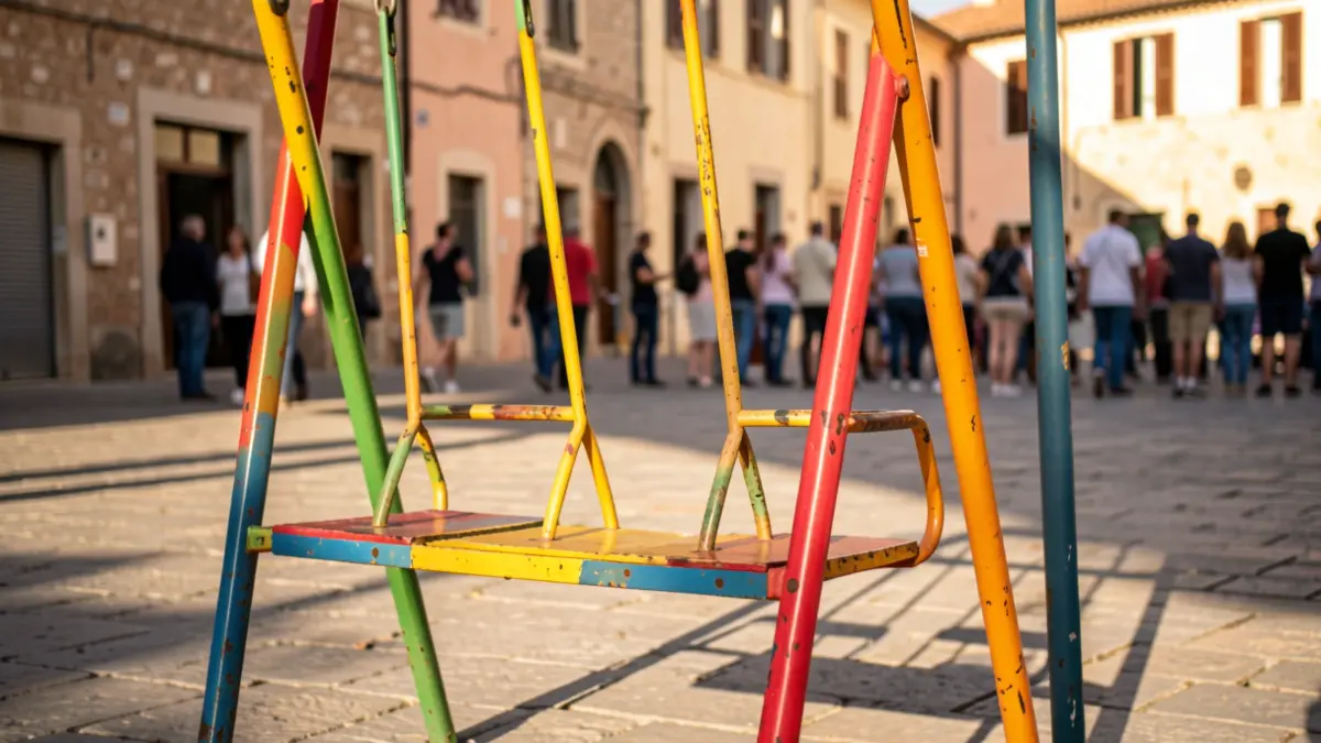 Generic image of a children's playground with swings in a Mediterranean town square.